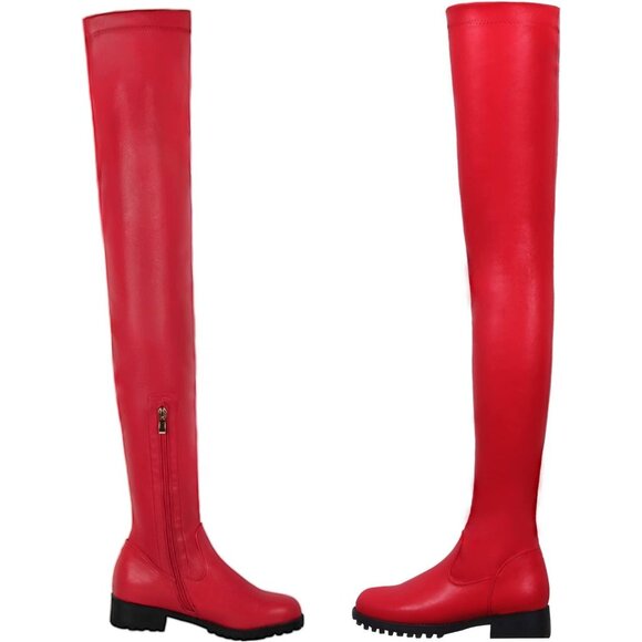 Women's Red Polyurethane Thigh High Over The Knee Rounded Toe Fashion Boots - Picture 5 of 6